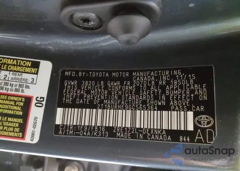 2016 Toyota Corolla Le из США, поврежденный, VIN 2T1BURHE9GC565364